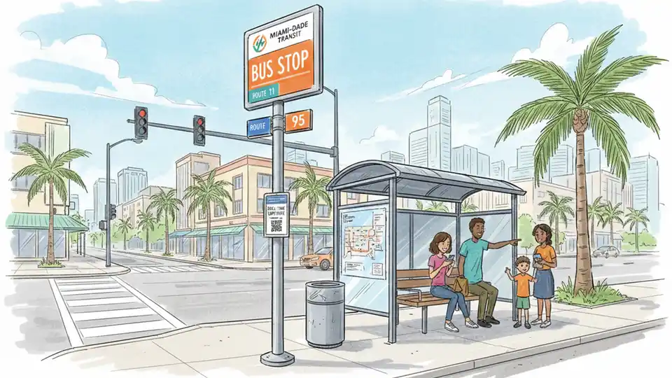 Bus stop sign with route number and schedule information posted at urban intersection