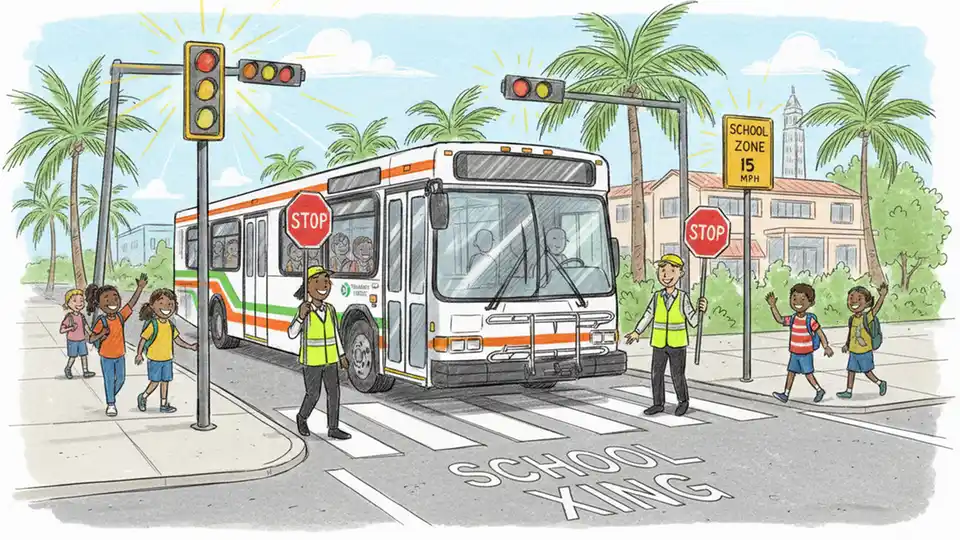 Transit bus passing through school zone with flashing lights and crossing guards visible