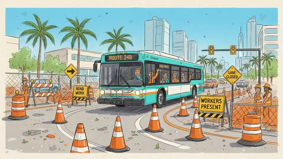 Transit bus passing construction zone on urban roadway with orange traffic cones and work zone signs