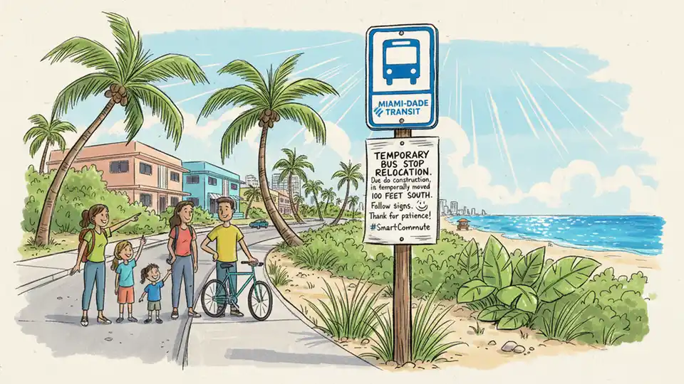 Temporary bus stop sign with relocation notice posted on pole along A1A corridor