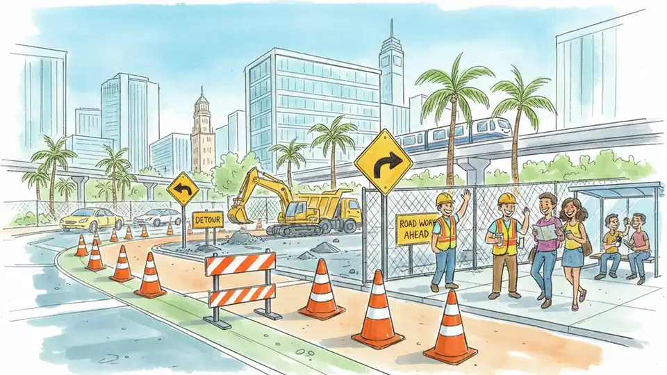 Construction zone on urban road with detour signs and traffic cones near transit infrastructure