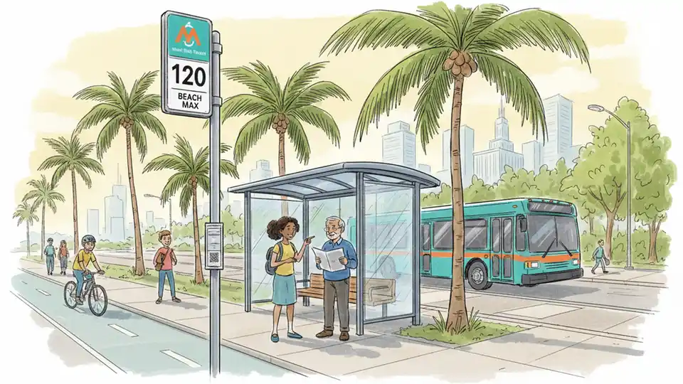 Bus stop sign with route number displayed at urban transit stop