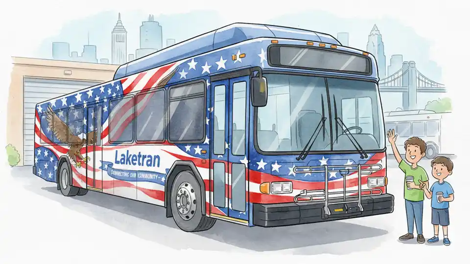 Close-up of bus wrap installation showing high-quality digital film graphics on Laketran transit vehicle with patriotic design elements