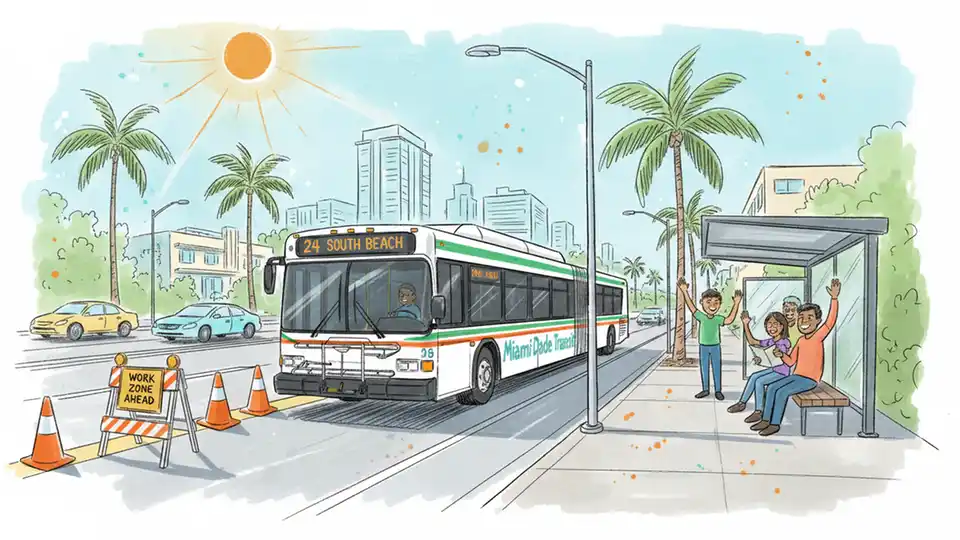 Transit bus approaching stop on multi-lane roadway with traffic cones and construction zone ahead
