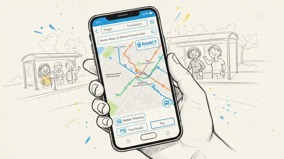 Close-up of smartphone displaying RideBCT mobile app interface with trip planning screen. Alt text: RideBCT mobile app interface showing Broward County Transit trip planning and fare payment features. Composition: Tight shot of phone screen showing app's trip planning interface, BCT route map visible, payment options displayed at bottom, hand holding device.
