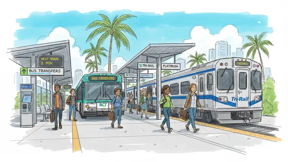 Broward County Transit bus and Tri-Rail commuter train at regional transit hub with passengers boarding, showing multi-modal transit connectivity in South Florida