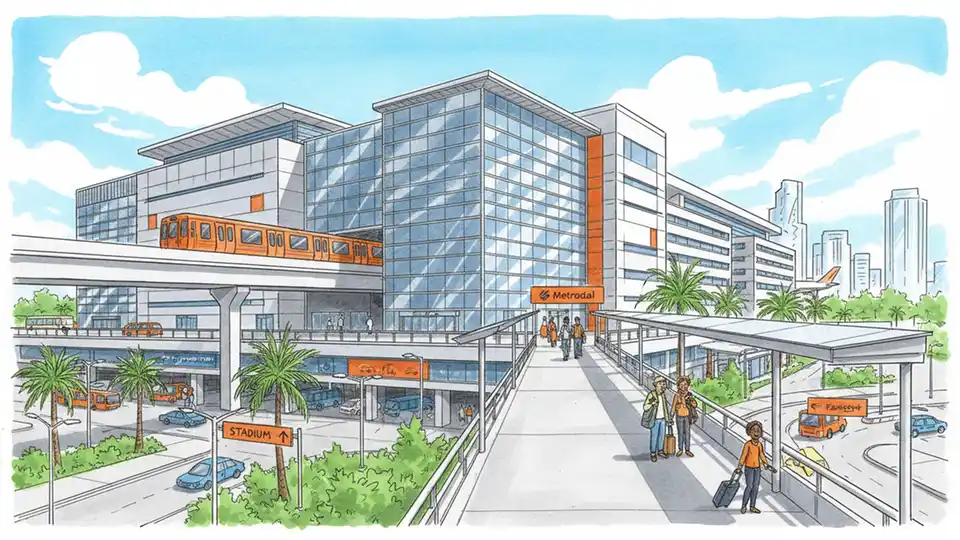 Miami Intermodal Center exterior with Metrorail station entrance and pedestrian walkway toward stadium direction