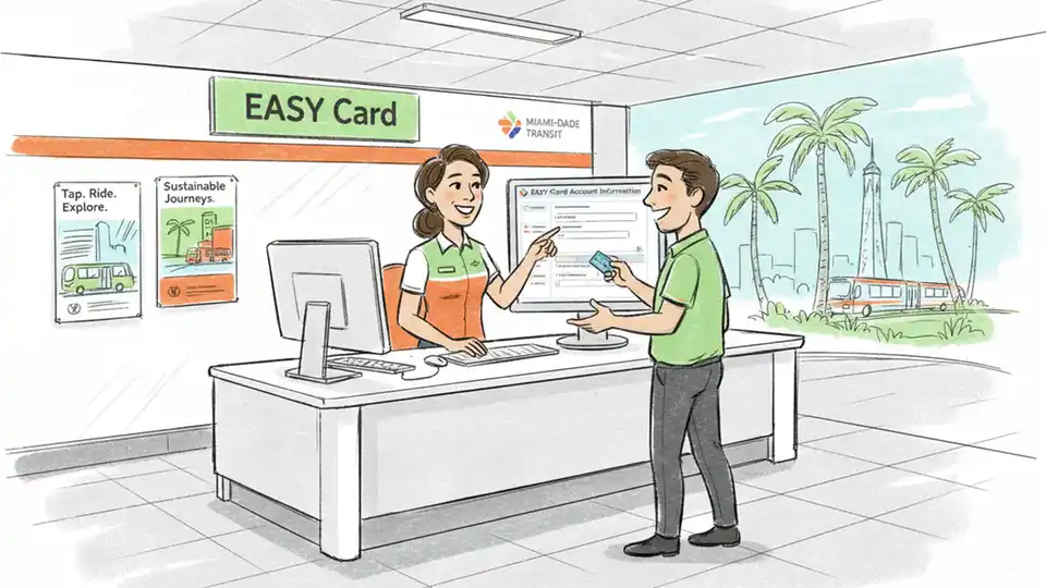 Customer service representative assisting transit rider at EASY Card help desk with computer screen showing account information