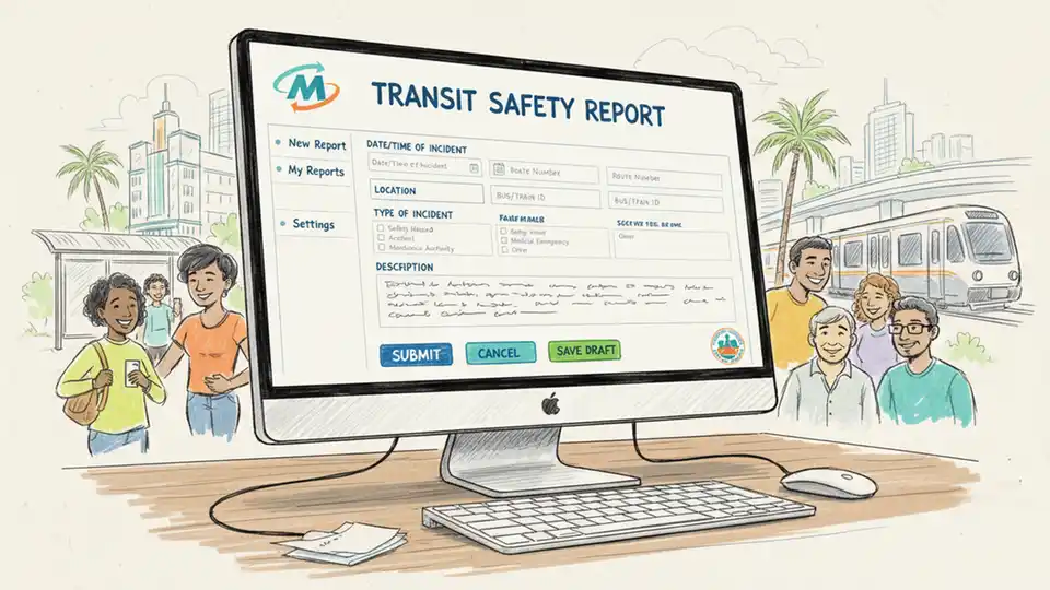 Transit safety reporting interface on computer screen showing form fields