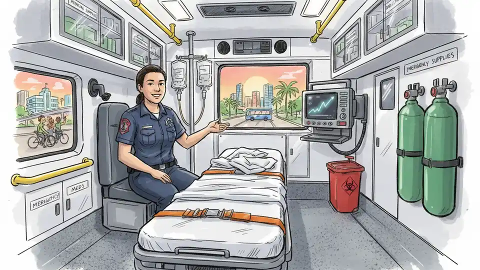 Emergency medical technician inside ambulance patient compartment showing medical equipment and safety features