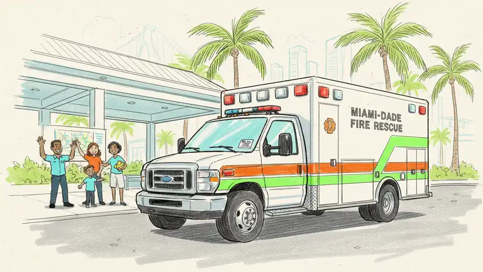 Miami-Dade County ambulance vehicle at emergency medical facility with inspection decal visible on windshield