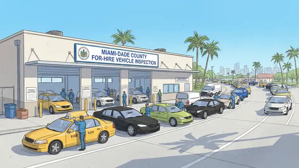 Miami-Dade County for-hire vehicle inspection station with vehicles waiting for safety inspections