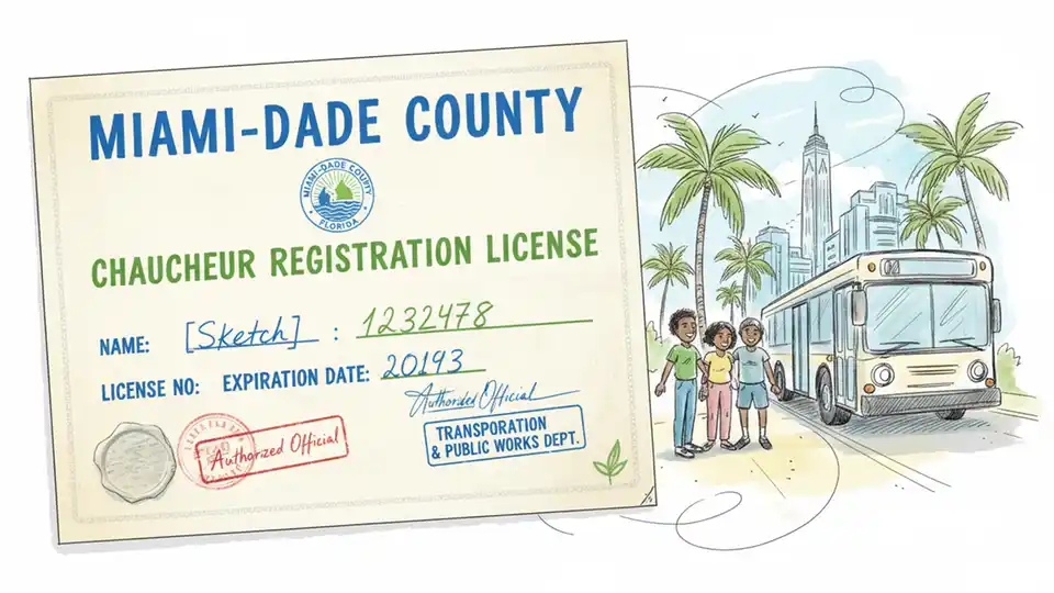 For-hire vehicle chauffeur registration license document with Miami-Dade County seal and official stamps