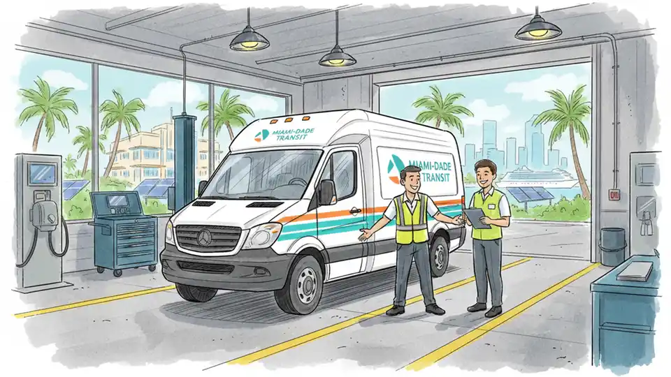 Vehicle inspection station with Miami-Dade County transit van undergoing safety inspection