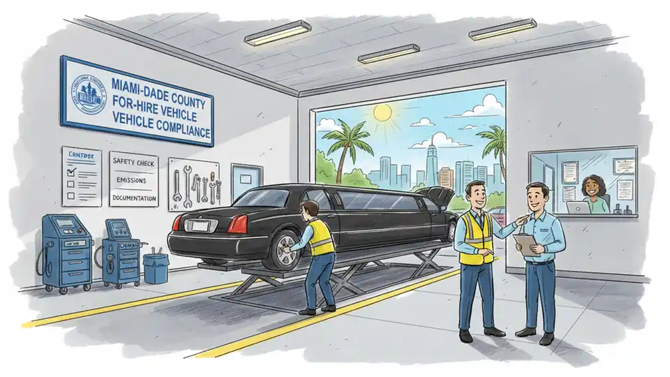 For-hire limousine inspection station in Miami-Dade County showing vehicle compliance check