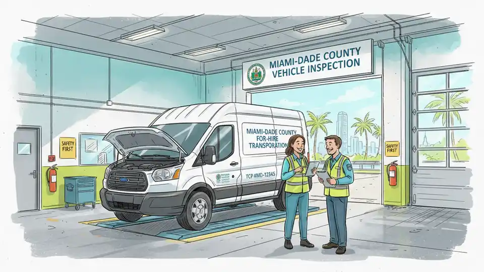 For-hire passenger van undergoing safety inspection at Miami-Dade County facility