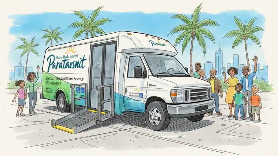 Miami-Dade paratransit vehicle with wheelchair lift at transit facility