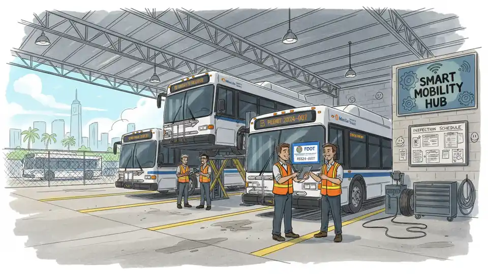 Transit vehicle inspection station with official permit decals