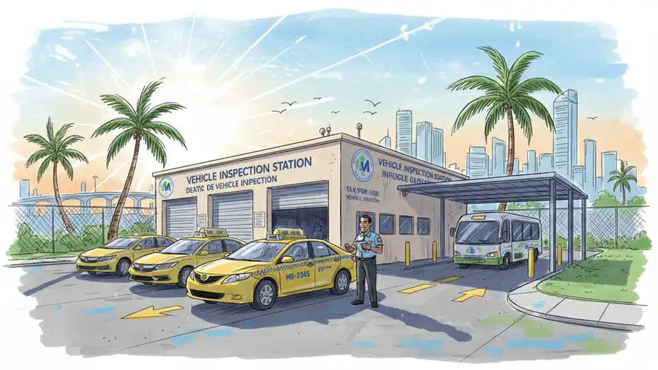 Miami-Dade County Vehicle Inspection Station with taxi waiting for safety compliance check