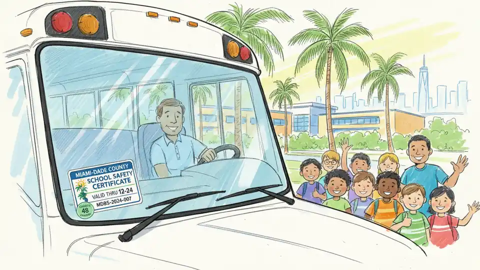 Private school bus windshield displaying valid Miami-Dade County inspection certificate sticker with safety compliance documentation visible