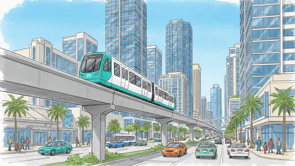 Miami Metromover train on elevated track in downtown Miami with Brickell office towers in background