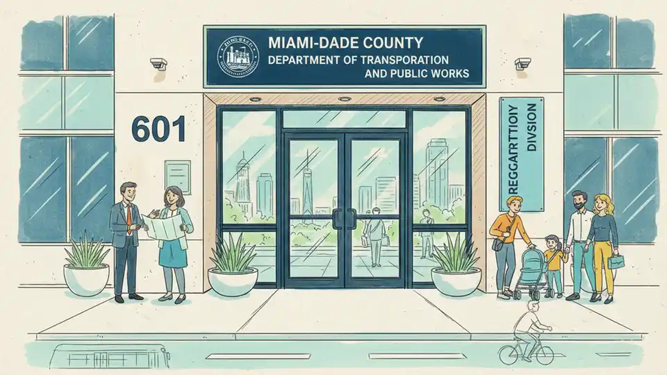 Miami-Dade Department of Transportation and Public Works office entrance at 601 NW 1st Court with regulatory division signage