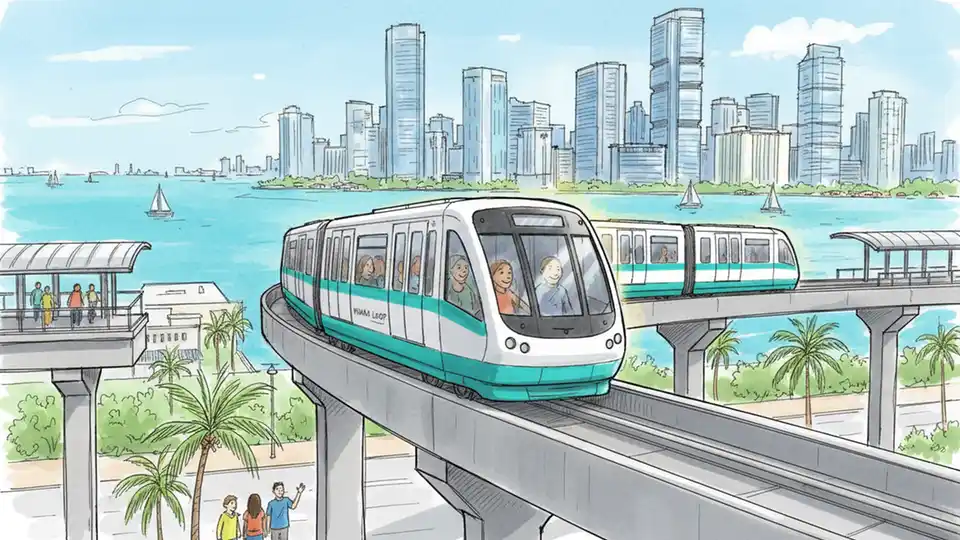 Metromover train on elevated track in downtown Miami with city skyline and Biscayne Bay in background