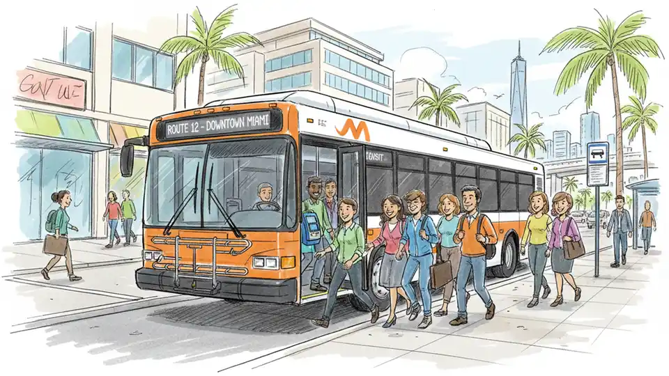 Miami-Dade Transit bus at downtown Miami stop with passengers boarding, EASY Card fare reader visible near entrance, urban setting with local businesses in background, daytime exterior shot