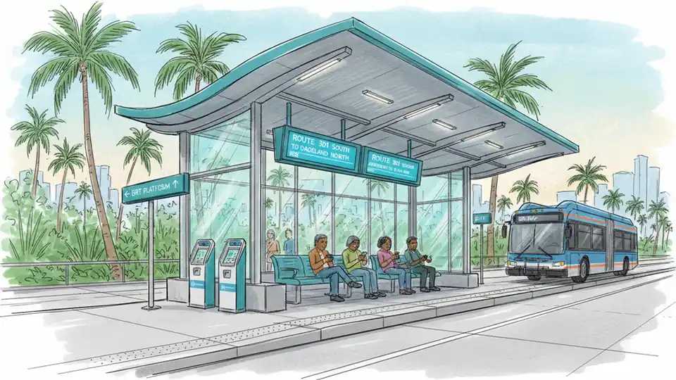 Modern BRT station platform with air-conditioned vestibule, digital arrival display, and fare payment kiosks along South Dade TransitWay