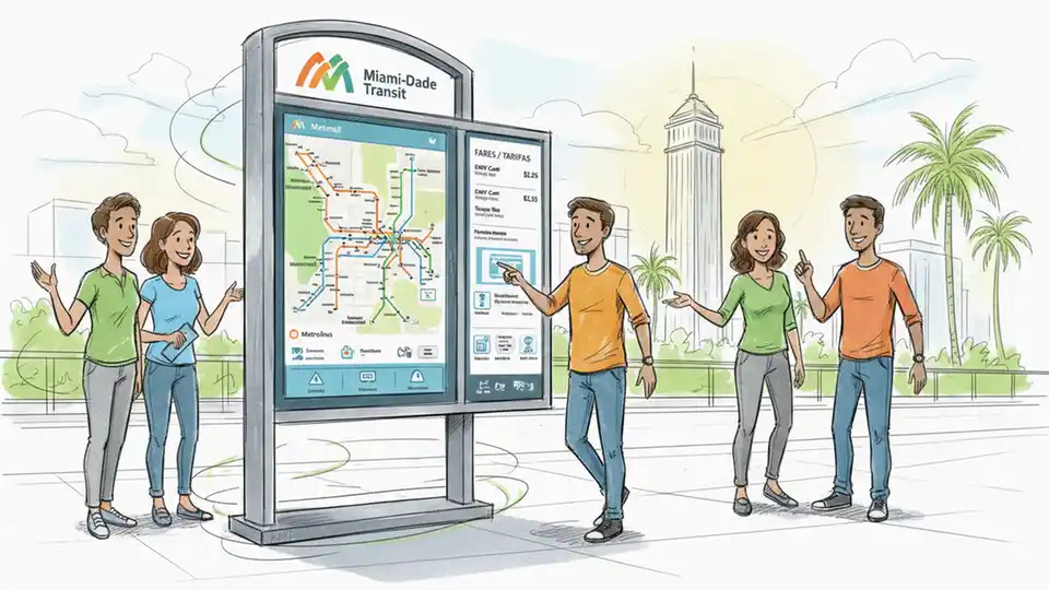 Miami-Dade Transit information kiosk with service maps and fare information displayed