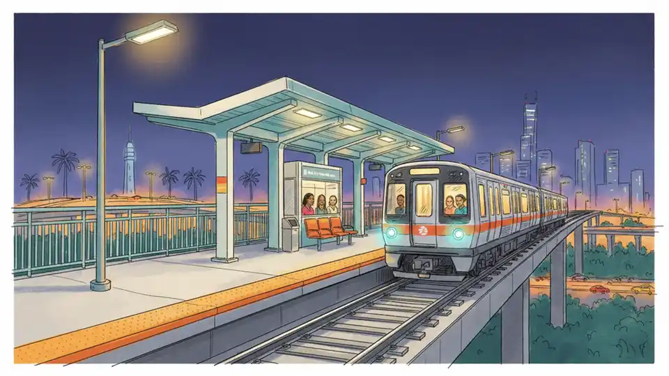 Miami Metrorail station platform at night with illuminated train approaching on single track