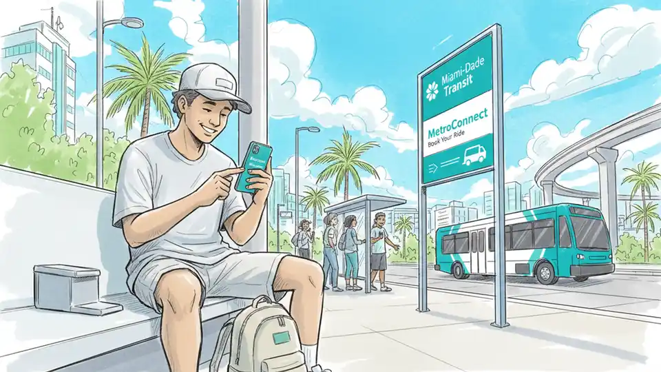 Passenger using smartphone to book MetroConnect ride at Miami-Dade transit terminal