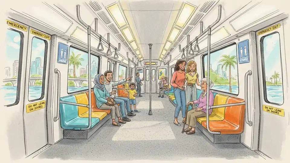 Interior of Miami-Dade Metrorail train car showing safety signage and passenger seating area