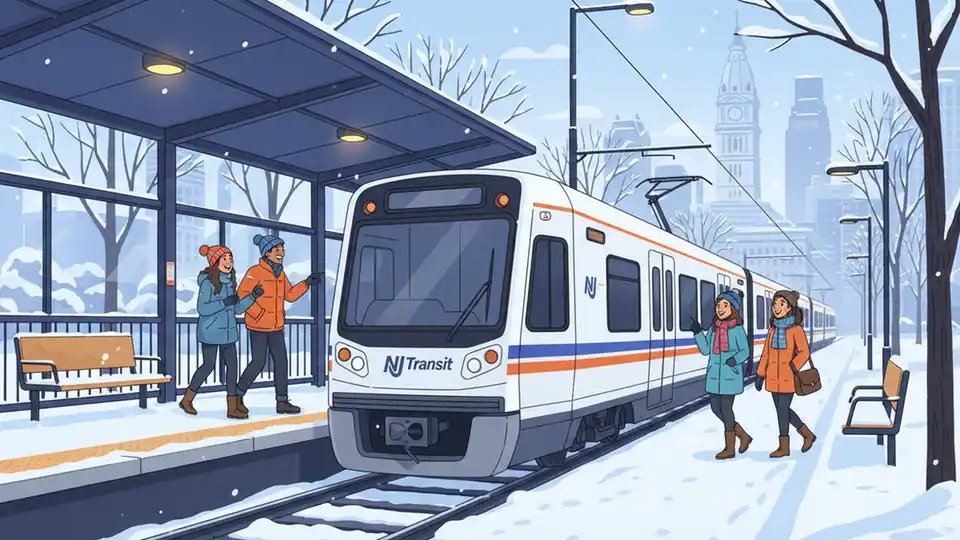 NJ Transit light rail train at station platform with snow visible on tracks and surrounding areas