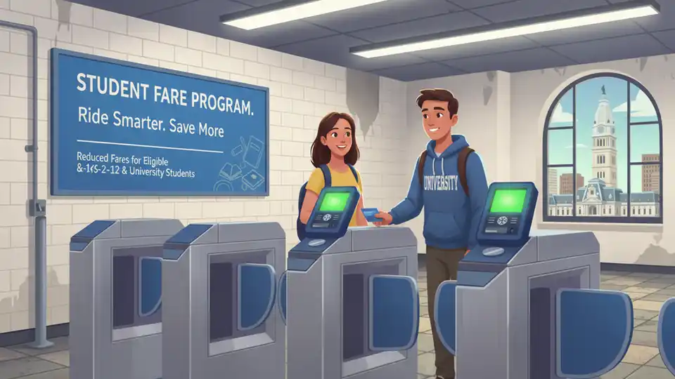 SEPTA transit pass card reader at subway station turnstile with student fare signage visible in background