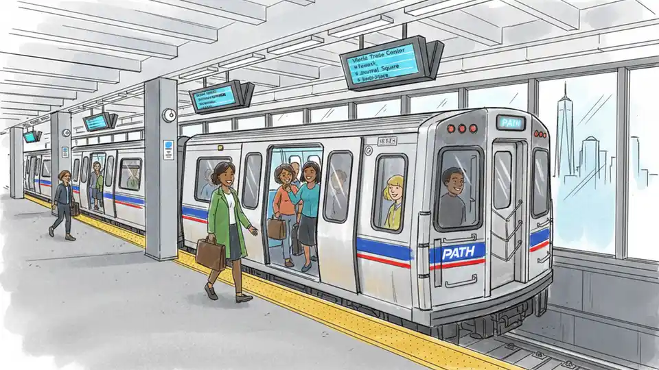 PATH train at station platform with passengers boarding, showing modern rail cars and station infrastructure