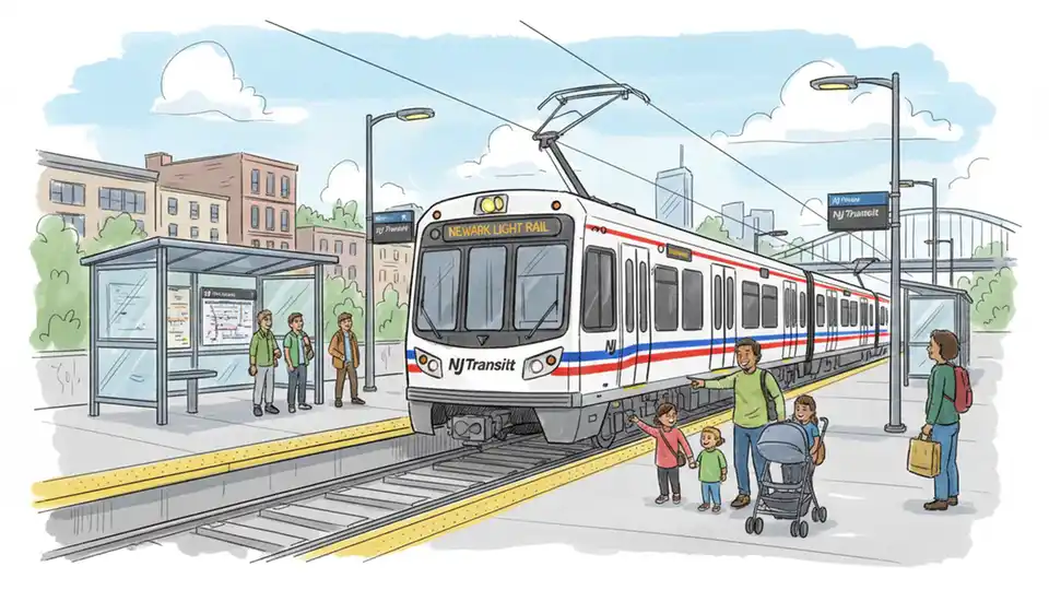 NJ Transit light rail vehicle at station with parent and children waiting on platform