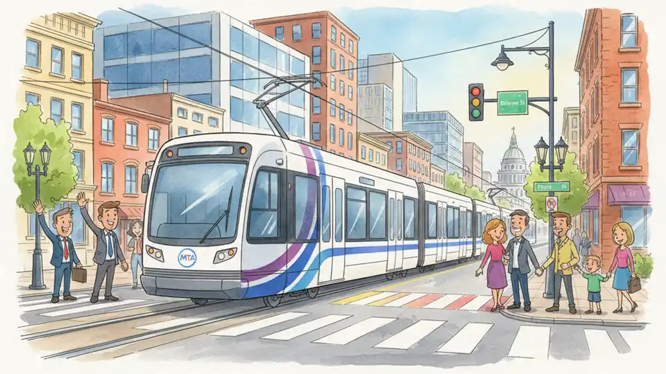 Maryland Transit Administration light rail vehicle on downtown Baltimore street with city buildings in background