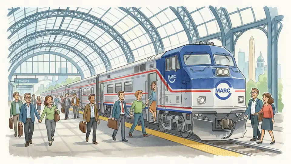 MARC commuter train at Baltimore Penn Station platform with passengers boarding during daytime
