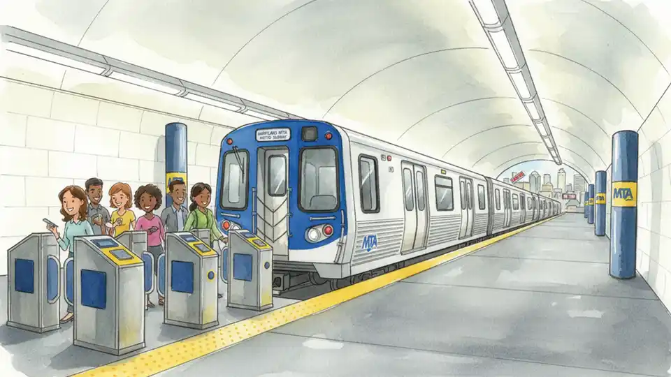 Maryland MTA Metro Subway train at underground station platform with fare gates visible in foreground
