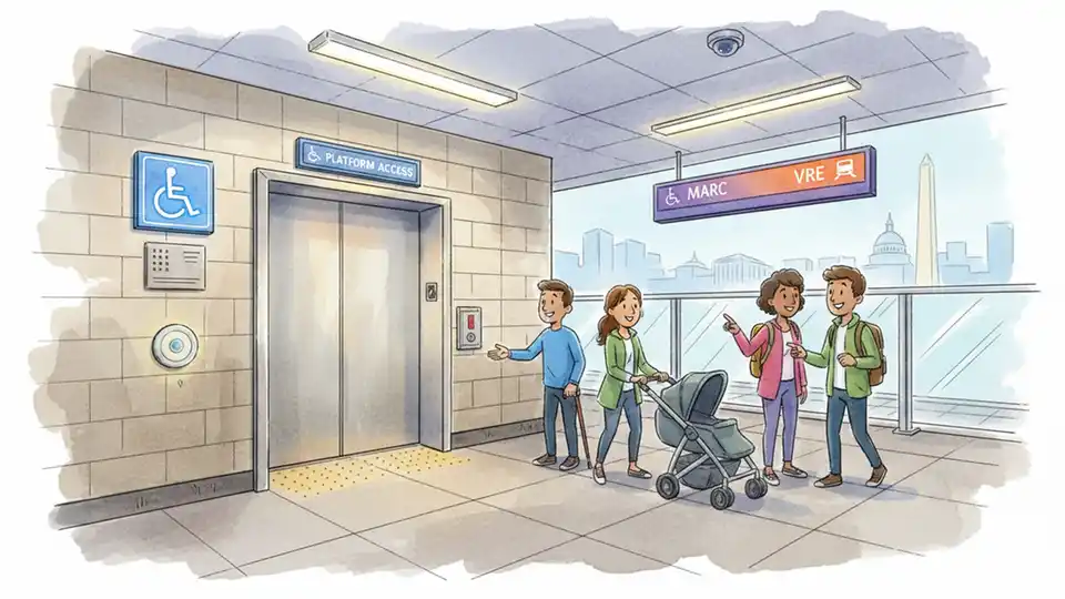 Elevator entrance at commuter rail station with accessibility signage