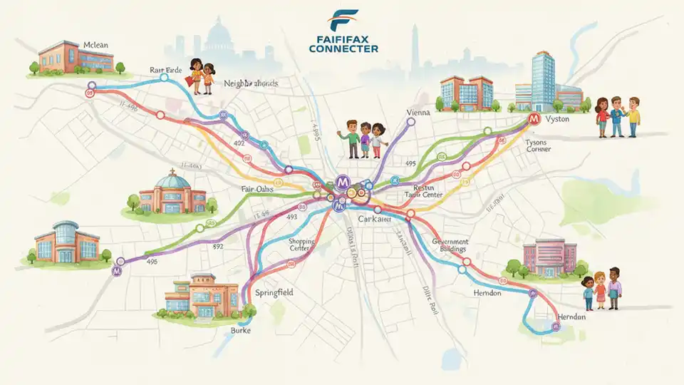 Fairfax Connector route map display showing multiple bus lines and connections in Northern Virginia