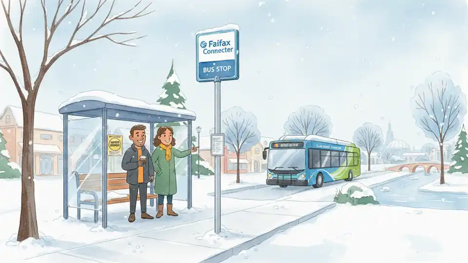Fairfax Connector bus stop with snow accumulation and winter weather signage