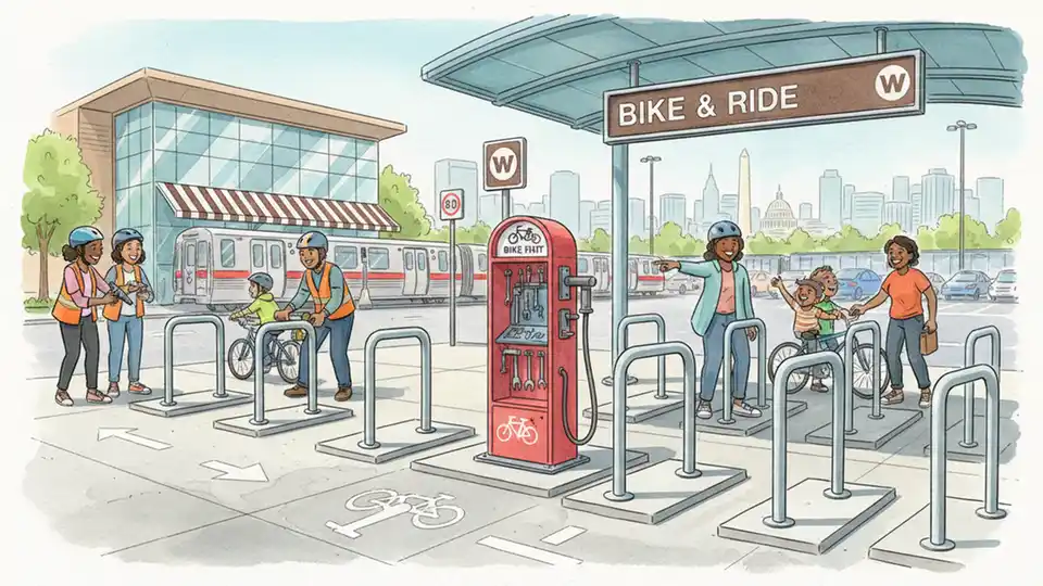 Metro station bike parking area with repair station and U-racks during installation work