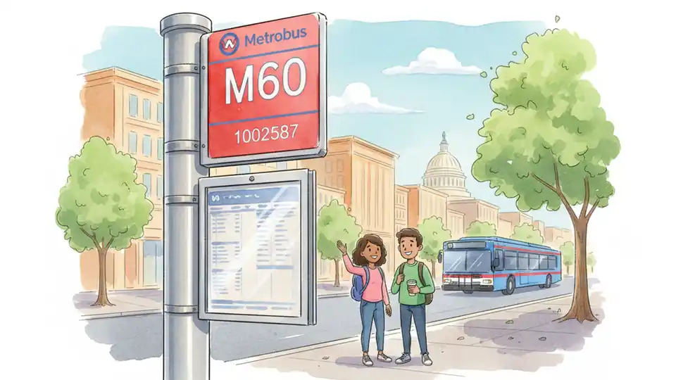 Close-up view of a WMATA bus stop sign with route number M60 displayed, showing stop ID number and schedule information holder mounted on metal pole