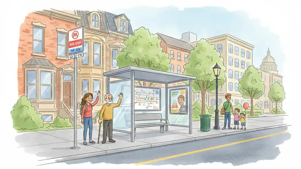 WMATA bus stop sign and shelter on urban street with residential buildings