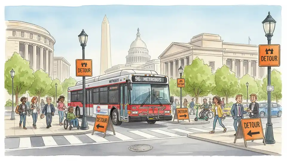Washington DC Metro bus at downtown intersection with detour route signage