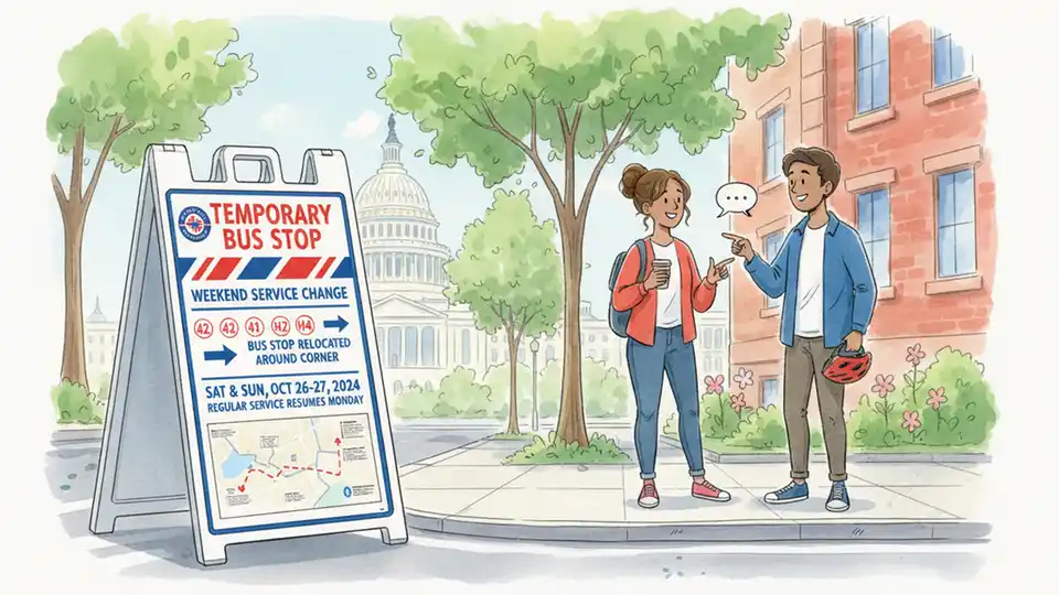 WMATA temporary bus stop sign with detour information posted for weekend service changes