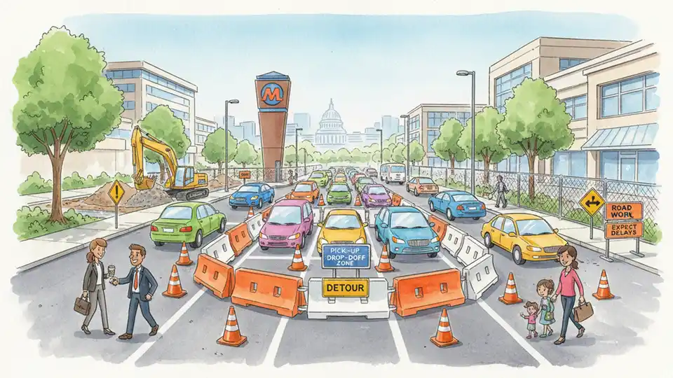 Metro station parking lot with construction barriers and safety signage, showing Kiss & Ride area with orange traffic cones and detour signs