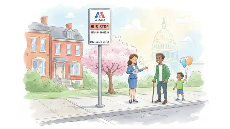 Close-up view of a WMATA bus stop sign showing stop ID number and route information, with new ADA-compliant concrete pad visible in foreground